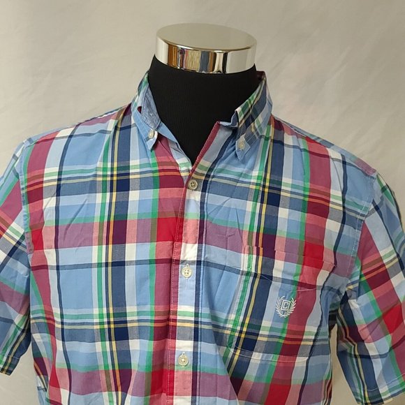Chaps Easy Care Mens Large blue Plaid Short Sleeve Button Up Shirt - Picture 2 of 12